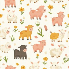Cute farm animals pattern featuring cows, pigs, sheep, and chickens in warm earthy colors for baby fabric design Generative AI