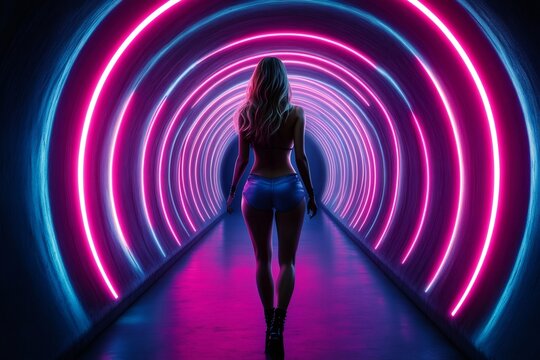 Sexy dancer walking in neon lights tunnel with pink and blue colors - Powered by Adobe
