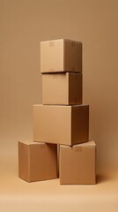 Obraz premium Stacked cardboard boxes on a neutral background conveying themes of moving storage delivery and organization with a minimalist style and soft lighting