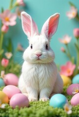 Obraz premium Adorable White Bunny Surrounded by Pastel Easter Eggs in a Spring Floral Setting