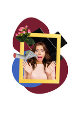 Trend artwork 3D collage composite image of young shocked lady in photo frame near pink flower...