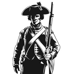 Colonial-era soldier in traditional uniform with musket, drawn in monochrome