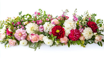 Beautiful selection of fresh flowers in full bloom carefully positioned on a pure white backdrop forming a charming floral composition