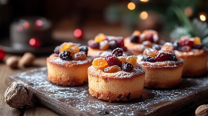 A tray of freshly baked mini fruit cakes, golden brown with caramelized edges, topped with glistening dried fruits and nuts, arranged on a rustic wooden table with a dusting of powdered sugar,