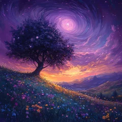 Selbstklebende Fototapeten Dreamlike meadow with glowing flowers and a magical tree under a swirling purple sky © Zahar