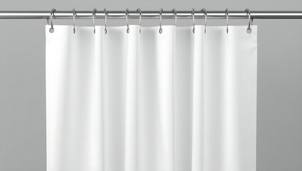 Minimalist white shower curtain with smooth fabric and vertical folds, hanging from a silver metal rod against a plain gray background, showcasing modern, clean design."