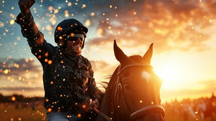 Winning Horse Race Jockey Sunset Celebration