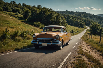 Vintage Orange Classic Car Driving on Winding Rural Road