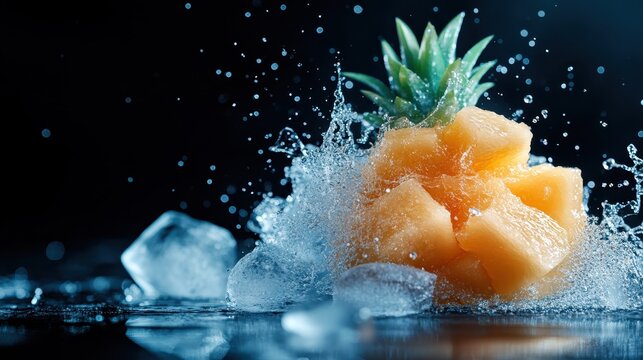 Juicy melon cubes and fresh pineapple make a splash against a dark background, conveying a sense of refreshment and vibrancy in this enticing summer composition.