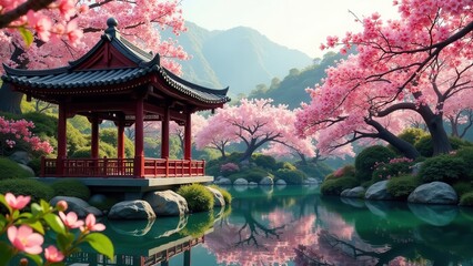 Obraz premium Serene Pavilion by a Tranquil Pond Under a Canopy of Blossoming Cherry Trees in a Picturesque Garden Setting