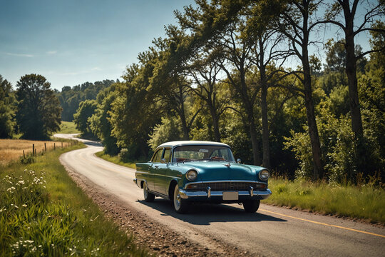 Fototapeta Vintage Blue Car on Scenic Winding Rural Road