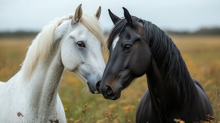 Obraz premium A white and black horse couple, their faces close together in a tender hug, framed by natural green fields, symbolizing pet friendship and nature family bonds. 
