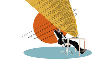 Composite photo collage trend artwork sketch image of young guy agent sit  relaxed in office armchair while ai do work create write code