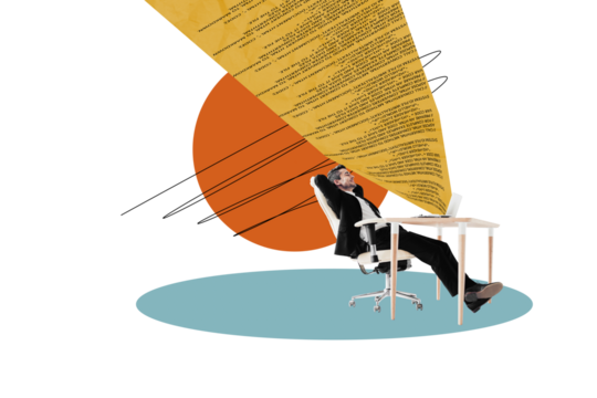 Composite photo collage trend artwork sketch image of young guy agent sit  relaxed in office armchair while ai do work create write code