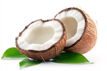Halved Coconut with Leaves: Showcasing the natural beauty of the tropics, this image features a freshly halved coconut alongside vibrant green leaves, representing freshness, flavor.