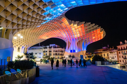 Metropol Parasol (2022) popularly known as Setas de Sevilla with night lighting. Seville, Andalusia, Spain.