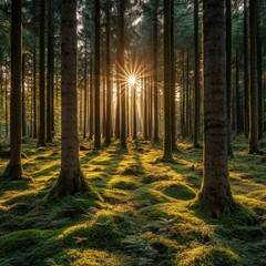 Fototapeta premium Serene forest illuminated by golden sunlight streaming through tall trees casting long shadows on mossy ground creating a tranquil and enchanting atmosphere