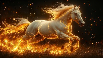 Obraz premium A white horse with a golden mane and tail, leaping in the air against a black background, with glowing gold lines on its body. 