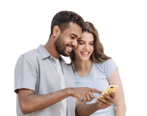 Beautiful happy young couple using smartphone isolated transparent PNG, Joyful smiling woman and man looking at mobile phone. Love, travel, tourism, students lifestyle concept