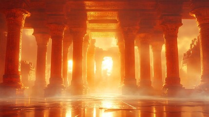 Golden Hour Temple Ruins Warm light bathes ancient columns creating a mystical ambiance. AI Generated