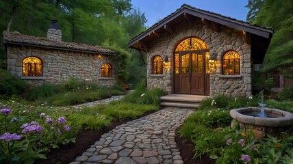Naklejka premium Charming stone cottage with warm, glowing windows surrounded by lush greenery and colorful flowers at dusk.