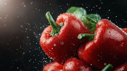A beautifully arranged group of red bell peppers are showcased with shimmering water droplets all around, creating an appetizing and enticing visual perfect for food lovers.