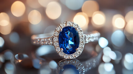 Timeless Sparkle: An exquisite ring with a dazzling blue gemstone, reflecting light, signifying an embodiment of elegance and charm.