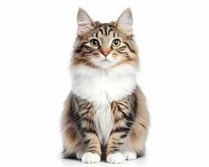 Obraz premium A fluffy, long-haired cat with brown tabby markings and white chest sits against a white background, looking directly at the camera
