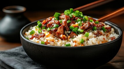 A bowl of delectably prepared rice topped with flavorful stir-fried meats and garnished with chopped green onions, portraying a mouthwatering fusion of tastes and textures.