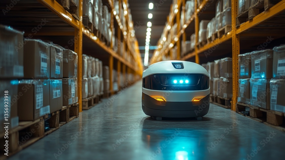 Aufkleber A robotic vehicle navigates through a warehouse aisle, efficiently transporting cargo while surrounded by neatly organized storage pallets filled with boxes.
