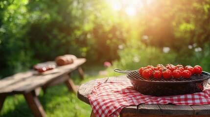 Cherry Tomatoes on Grill Pan with Gingham Cloth at Sunny Outdoor Picnic Table in Lush Green Garden Setting