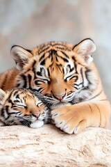 Obraz premium A mother tiger gently cradles her sleeping cub