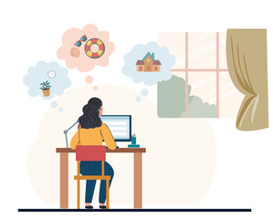 Flat illustration woman sitting at a desk with a laptop and plans