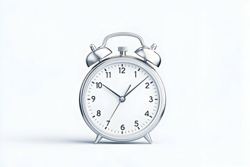 A silver alarm clock shows the time on a white background