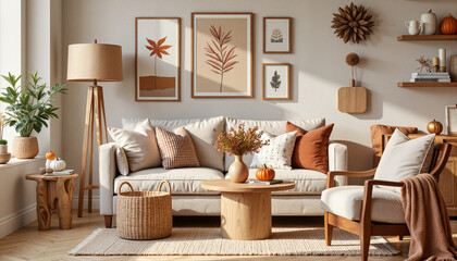 Stylish autumn living room with cozy furnishings and earthy tones, comfort