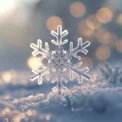 A beautifully formed snowflake sits atop a blanket of soft, glistening snow. The warm sunlight creates a dreamy, warm sparkle in the background on a serene winter morning