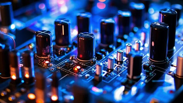 Close up view of electronic components on a circuit board, bathed in vibrant blue and orange lighting, showcasing the intricate details of modern electronics and technology