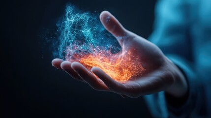 A captivating image of a hand emanating fiery energy, illustrating the fusion of fire and ice, symbolizing human emotion, power, and the mystical aspects of creation.