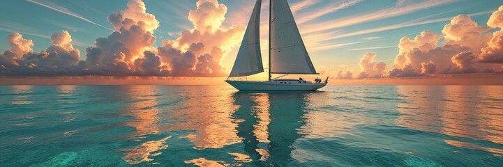 Fototapeta premium A sleek sailboat glides over tranquil waters as the sun sets, casting vibrant hues of orange and pink across the sky and reflecting on the surface. The scene evokes peace and adventure