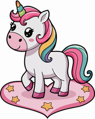 A cute cartoon unicorn standing on a heart-shaped platform adorned with stars