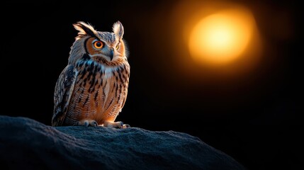 A charismatic owl perched on a rock, its posture reflecting confidence, against a golden sun backdrop that inspires awe in the beauty of nature and its timeless essence.