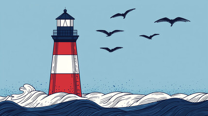 vibrant lighthouse stands tall against crashing waves, with seagulls soaring clear blue sky, evoking sense of coastal serenity