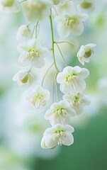 Fototapeta premium A close-up of the delicate white flowers hanging from Euphorbia, a type of spurge with beautiful small and large flower heads that form an elegant arch on its stem. The background is blurred to highli