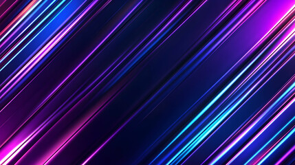 Abstract diagonal lines of vibrant purple, pink, and blue neon light streaks on dark background