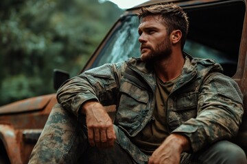 Obraz premium Soldier resting near military vehicle after combat operation in forest