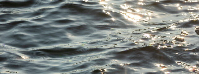 Closeup of dark shimmering lake surface with ripples, tranquil background, header image