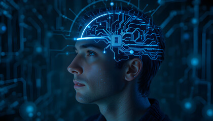 Portrait of a man with an open head, revealing a computer chip and neon circuits replacing his brain.