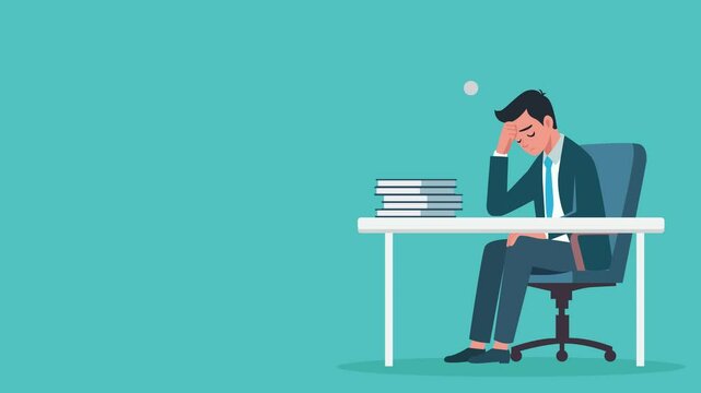 animation businessman confuse holding his head sitting alone in a chair with a desk full of revision papers.animated depressed businessman thinking about his future company