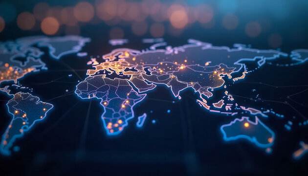 A globe with a map of the world and lights on it. The lights are scattered all over the globe, giving it a futuristic and modern look