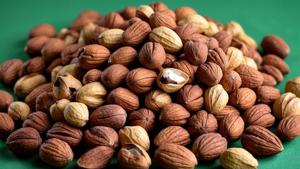 A colorful display of nuts on green background